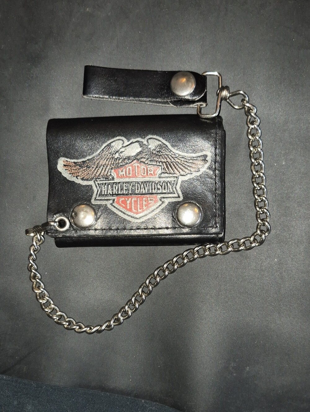 Vintage Harley-Davidson Black Leather Wallet with Winged Logo and Chain